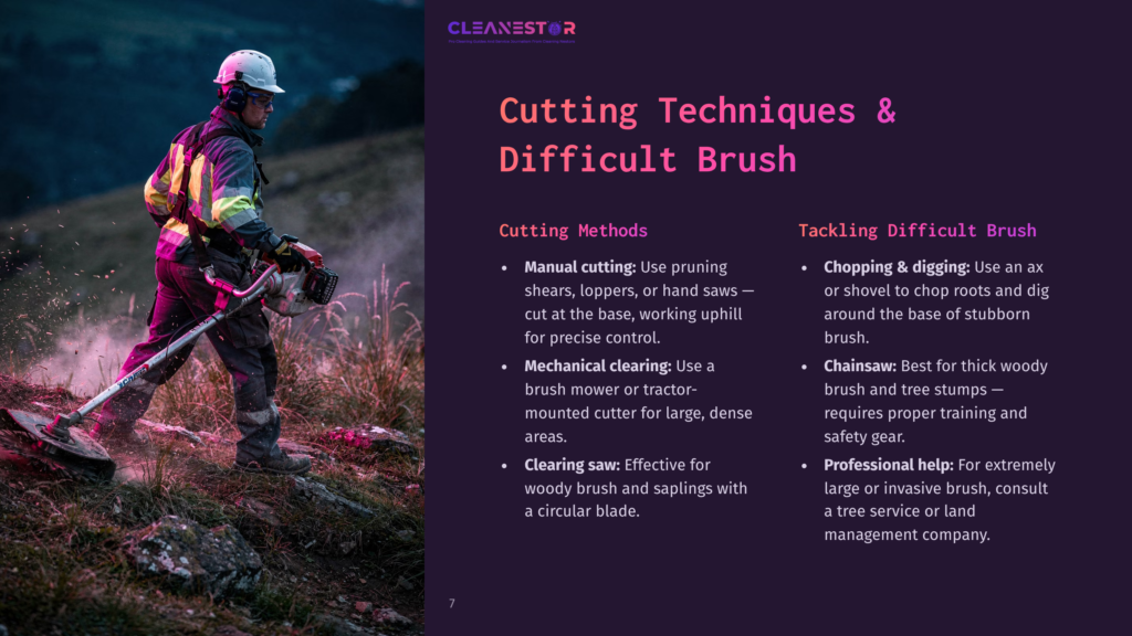 7 Cutting Techniques And Difficult Brush A Man In Protective Gear Operates A Brush Cutter, Clearing Dense Vegetation On A Grassy Hillside. The Image Highlights &Quot;Cutting Techniques &Amp; Difficult Brush&Quot; From The Presentation.