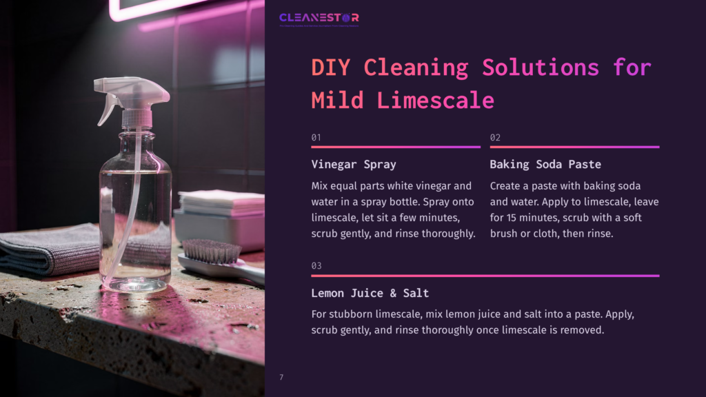 7 Diy Cleaning Solutions For Mild Limescale Diy Cleaning Solutions For Mild Limescale: Vinegar Spray And Baking Soda Paste Recipes Shown With A Spray Bottle And Cleaning Tools On A Countertop.
