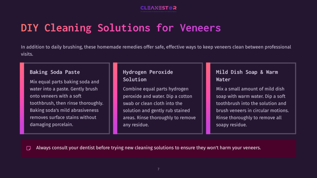 7 Diy Cleaning Solutions For Veneers Diy Cleaning Solutions For Veneers: Baking Soda Paste, Hydrogen Peroxide Solution, And Mild Dish Soap &Amp; Warm Water. Includes Safety Warning.