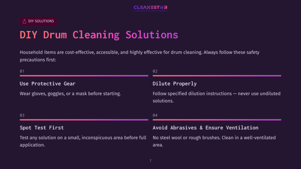 Four Text Sections On Drum Cleaning Tips, Featuring Bold Headers And Clear Instructions, Set Against A Dark Purple Background With Pink Accents.