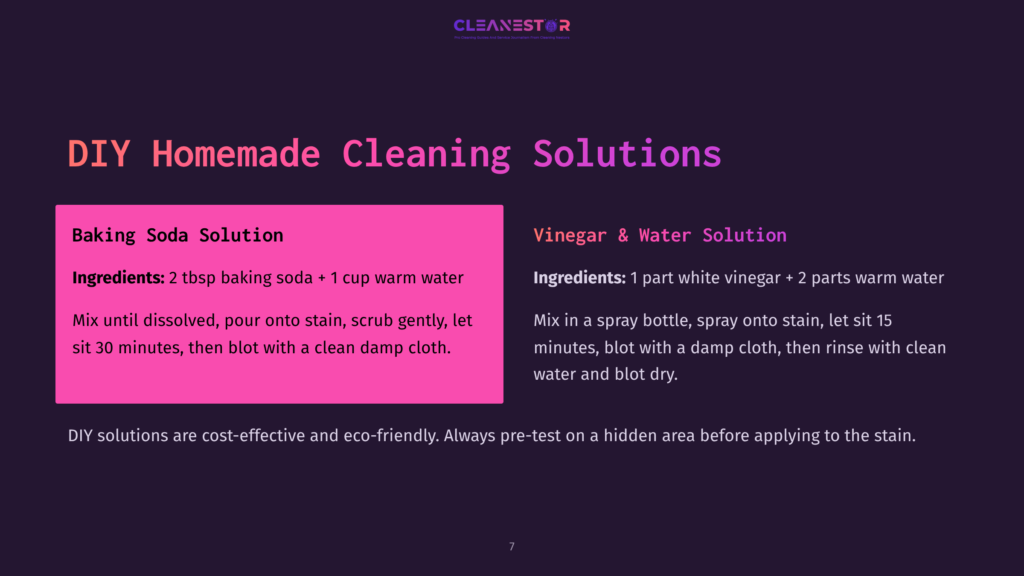 Bright Pink And Purple Text Outlines Diy Cleaning Solutions For Shampoo Stains, Listing Ingredients And Instructions On A Dark Background.