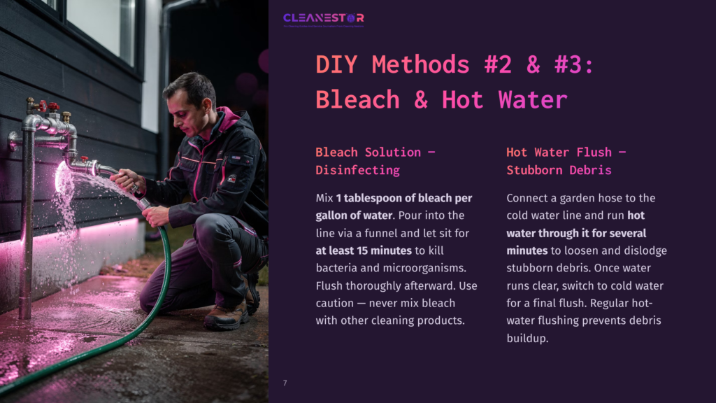Man In A Dark Jacket And Pink Shirt Kneels, Spraying Water From A Hose Onto A Purple-Lit Surface, Demonstrating Diy Cleaning Methods With Bleach And Hot Water.