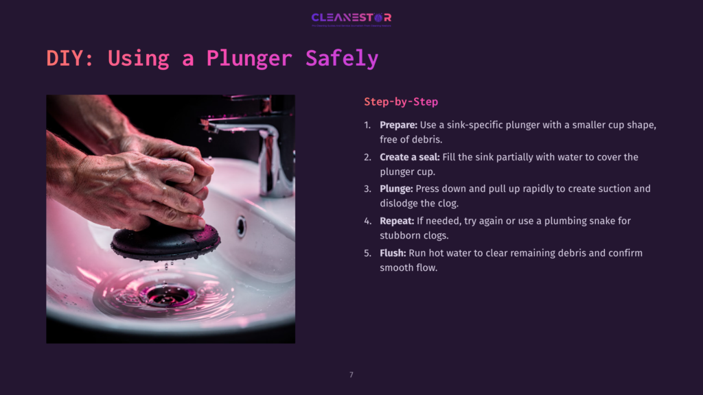 Close-Up Of Hands Using A Plunger To Clear A Sink Clog, With Water And Debris Visible In The Drain. Text Overlay: &Quot;Diy: Using A Plunger Safely&Quot;.