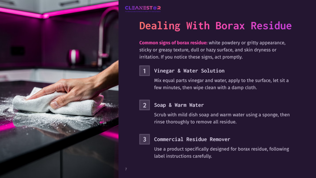 7 Dealing With Borax Residue A Hand Wipes White Borax Residue From A Dark Countertop With A White Cloth. Text Overlays Include &Quot;Cleanestor&Quot; And &Quot;Dealing With Borax Residue.