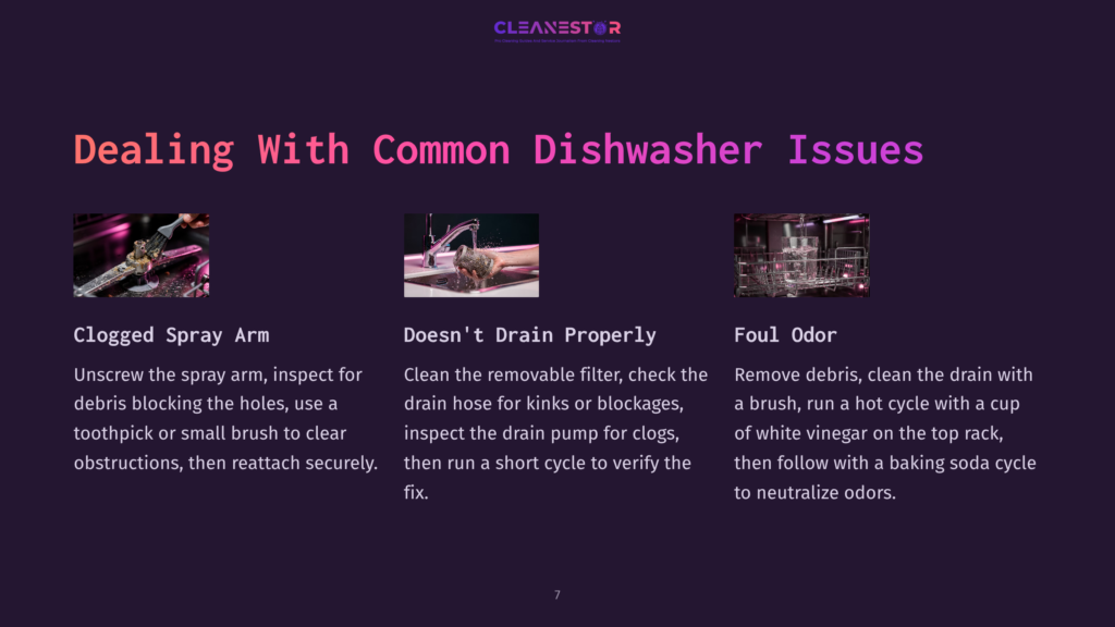 Three Images Illustrating Common Dishwasher Issues: A Clogged Spray Arm With Debris, A Drain Hose That Doesn'T Drain Properly, And A Dishwasher Interior With A Foul Odor, With Text &Quot;Dealing With Common Dishwasher Issues&Quot; At The Top.
