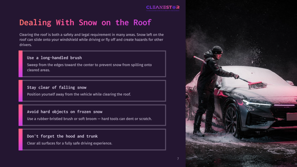 A Person Using A Long-Handled Brush To Clear Snow Off A Black Car Parked In A Snowy Area, With Tips On Safe Snow Removal Displayed.