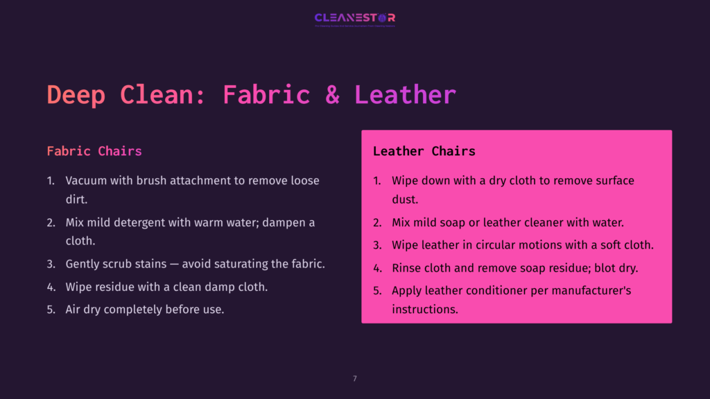 Instructions For Cleaning Fabric And Leather Office Chairs, Featuring A Pink Box With Steps And A Dark Background For Contrast.