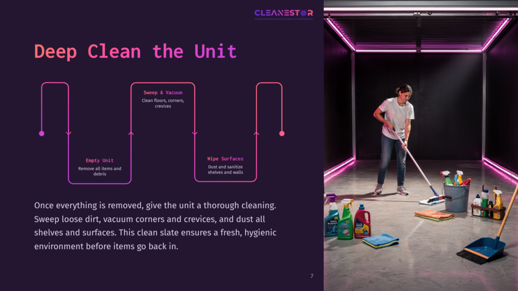 A Woman In Jeans And A White T-Shirt Mops A Concrete Floor, Surrounded By Cleaning Supplies And Neon Pink Lighting, In A Minimalist, Modern Space.