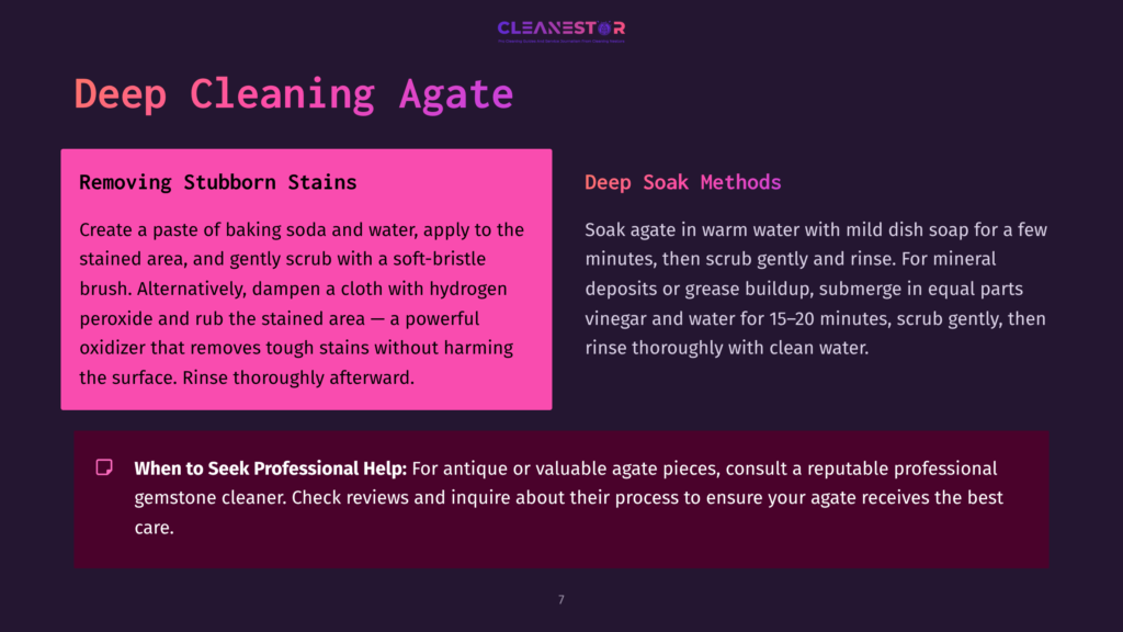 Text On A Pink Background Provides Cleaning Tips For Agate, Detailing Stubborn Stain Removal And Deep Soak Methods With Step-By-Step Instructions.