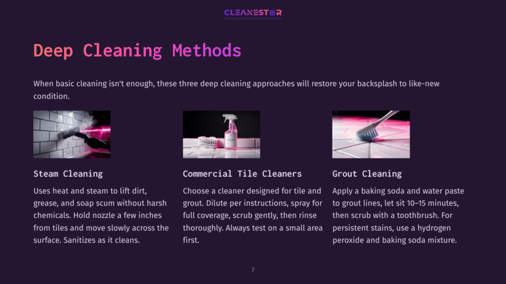 Three Methods For Deep Cleaning: Steam Cleaning A Kitchen Backsplash, Commercial Tile Cleaner Spray Bottle And Brushes, And A Grout Cleaning Paste Made Of Baking Soda And Hydrogen Peroxide.