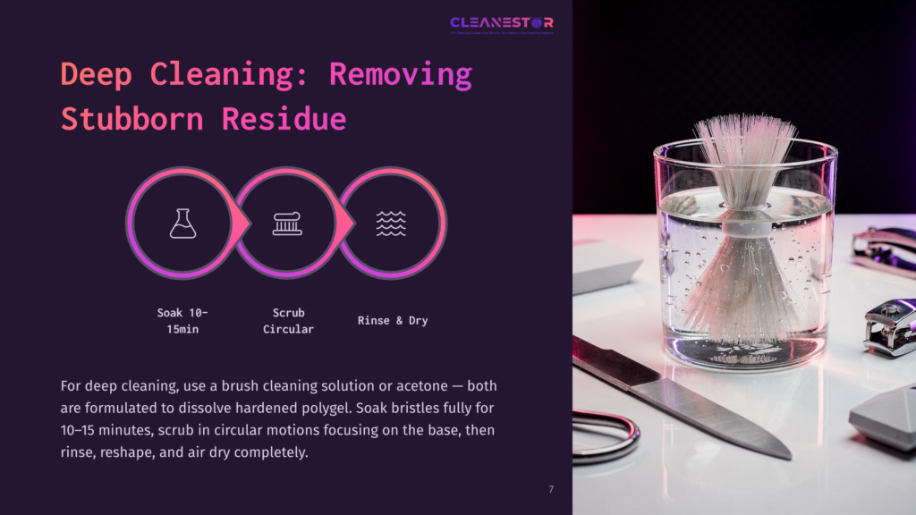 A Glass Cup Holds A Polygel Brush With White Bristles, Accompanied By Icons For Soaking, Scrubbing, And Rinsing, On A Purple Background.