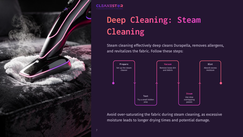 Steam Cleaner With Purple And Pink Accents Deep Cleaning A Textured Fabric Couch, Showing The &Quot;Deep Cleaning: Steam Cleaning&Quot; Process Steps: Prepare, Test, Vacuum, And Blot.