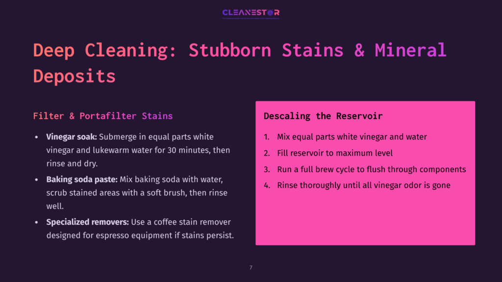 Slide Titled &Quot;Deep Cleaning: Stubborn Stains &Amp; Mineral Deposits&Quot; With Instructions For Descaling A Reservoir Using Vinegar, Baking Soda Paste, And Specialized Removers.