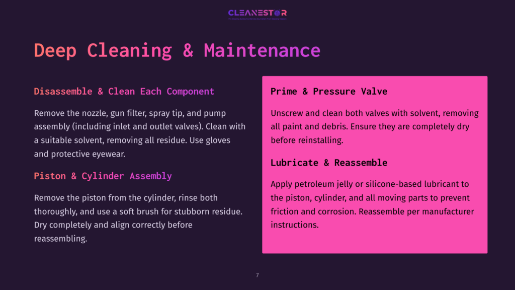 Instructions For Cleaning An Airless Sprayer, Featuring Purple And Pink Text On A Dark Background, With Steps Outlined In Two Sections.