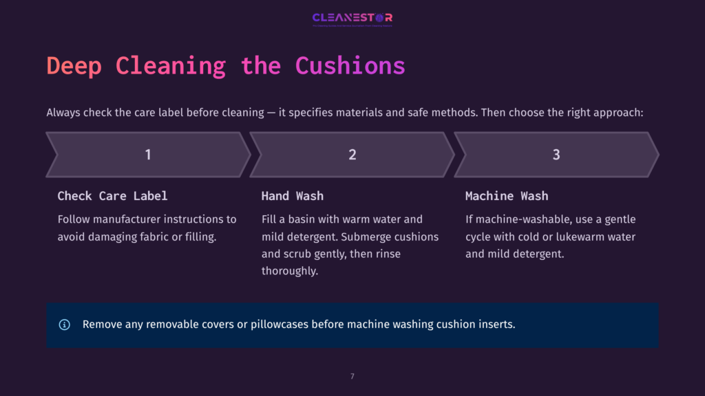 7 Deep Cleaning The Cushions Flowchart Illustrating Deep Cleaning Cushions: Step 1: Check Care Label, Step 2: Hand Wash, Step 3: Machine Wash. Instructions For Each Step Are Provided.