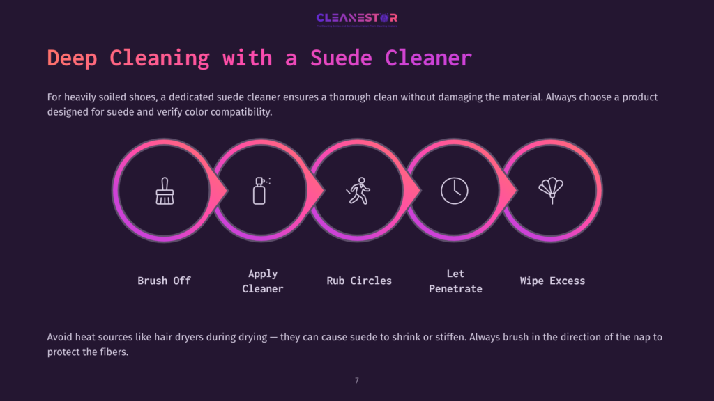 Infographic Illustrating Deep Cleaning Steps For Suede Shoes: Brush Off, Apply Cleaner, Rub Circles, Let Penetrate, Wipe Excess. Text Reads &Quot;Deep Cleaning With A Suede Cleaner&Quot; And &Quot;Cleanestor&Quot;.