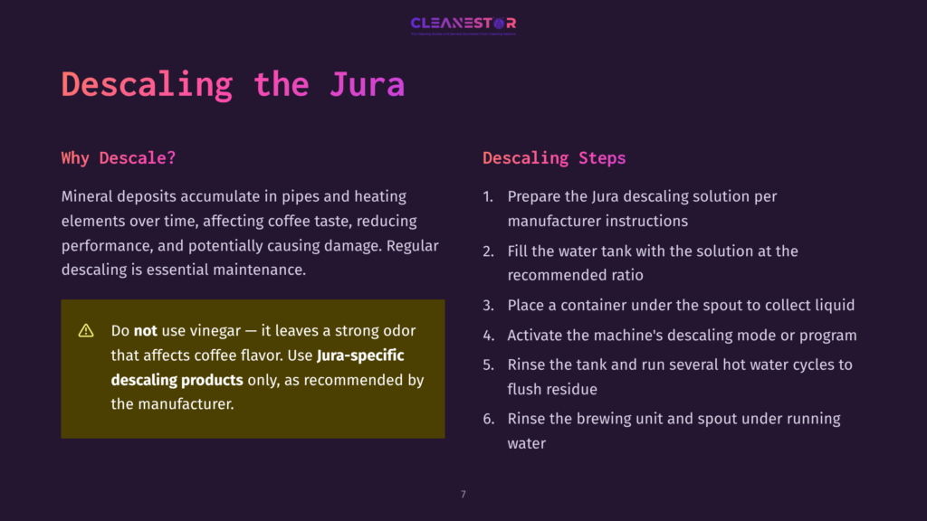 Jura Descaling Instructions: &Quot;Descaling The Jura&Quot; Title, Steps For Descaling A Jura Coffee Machine, And A Warning About Using Vinegar.