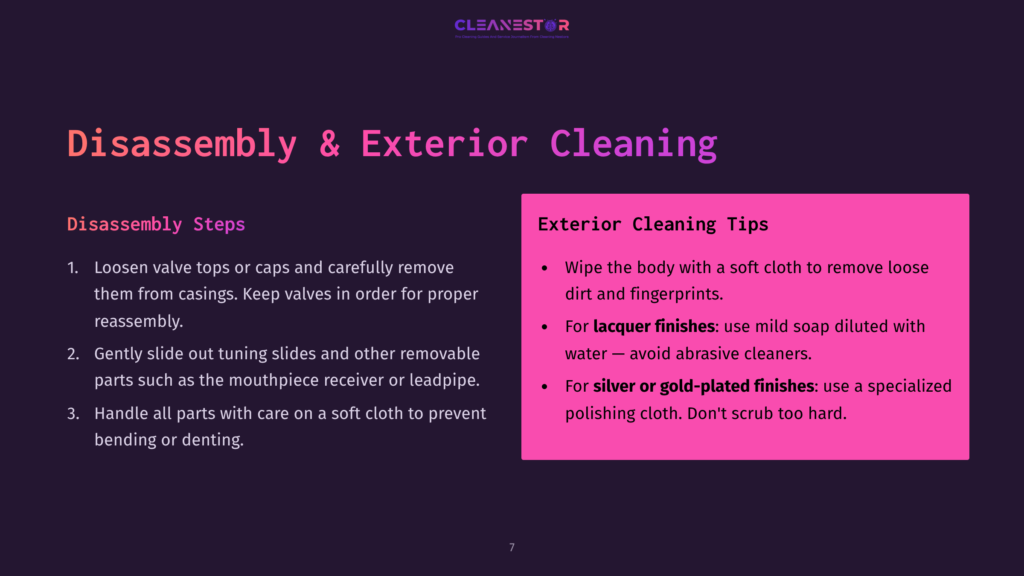 Steps For Disassembling A Tuba, Featuring Instructional Text And Tips On Cleaning Finishes, With A Vibrant Pink Box For Emphasis.