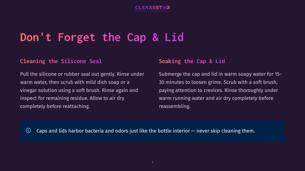 Don'T Forget The Cap &Amp; Lid: Instructions For Cleaning The Silicone Seal And Soaking The Cap And Lid In Soapy Water For The Cleanestor Bottle.