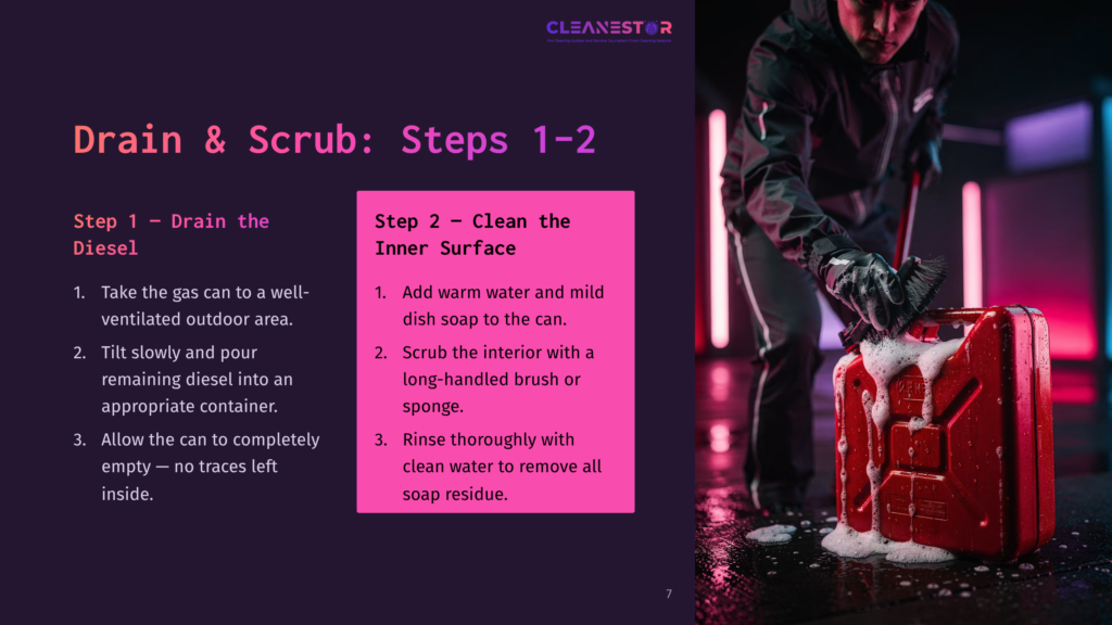 A Person Is Scrubbing A Red Gas Can On A Wet Surface, With Pink Text Outlining Cleaning Steps In A Dimly Lit Environment.