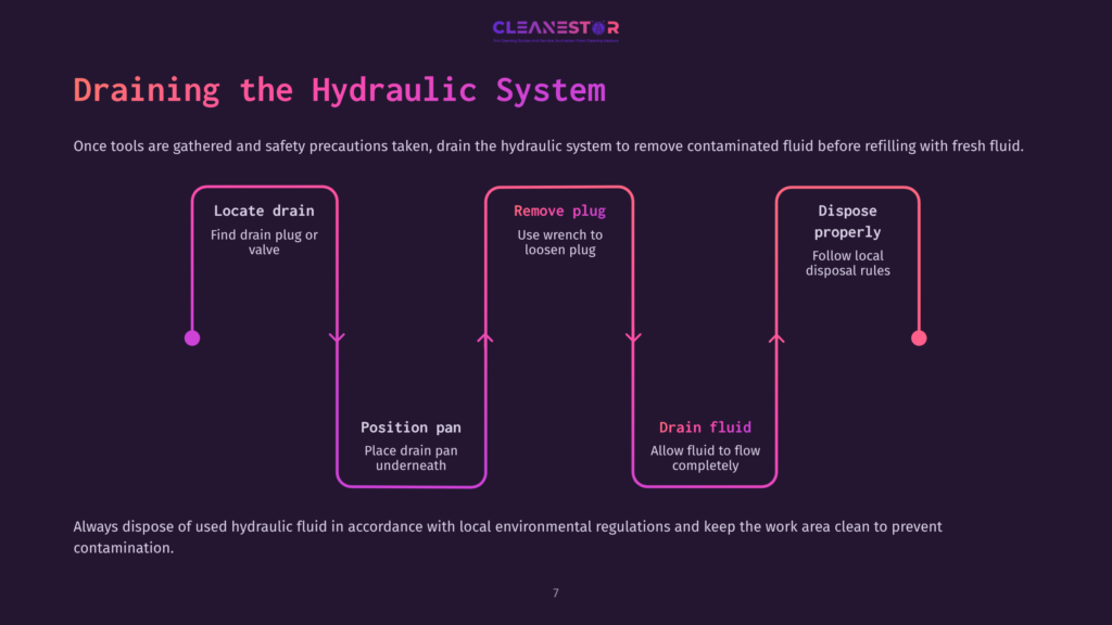 7 Draining The Hydraulic System Diagram Illustrating How To Drain A Hydraulic System: Locate Drain, Remove Plug, Position Pan, Drain Fluid, And Dispose Properly. Text Includes &Quot;Cleanestor&Quot; Logo.
