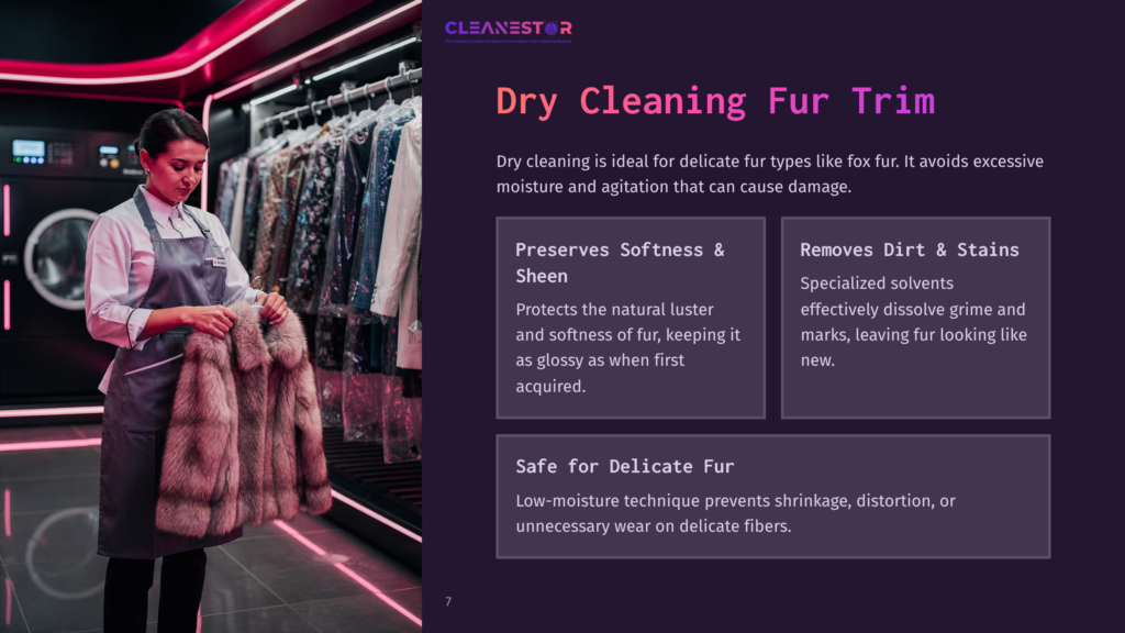 A Woman In An Apron Demonstrates Fur Cleaning Techniques In A Modern Shop, Surrounded By Hanging Fur Garments And Vibrant Lighting.