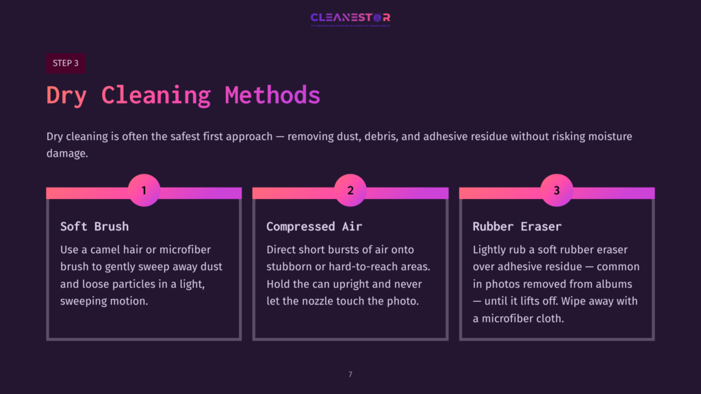 Step 3 Outlined With Pink Numbers: 1) Soft Brush - Use A Brush To Sweep Dust; 2) Compressed Air - Short Bursts To Remove Debris; 3) Rubber Eraser - Gently Rub To Lift Residue. Dark Background With Vibrant Text.