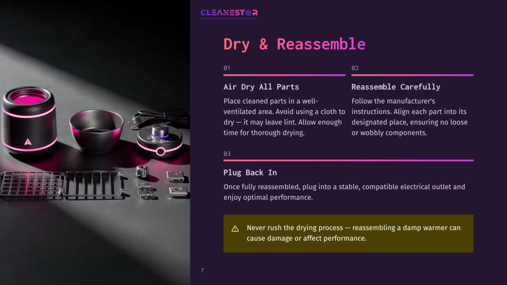 Close-Up Of Disassembled Parts For A Cleanestor Appliance, Including A Pink Top Component And Metal Racks, Laid Out On A Dark Surface, With Text Instructions For Drying And Reassembly.