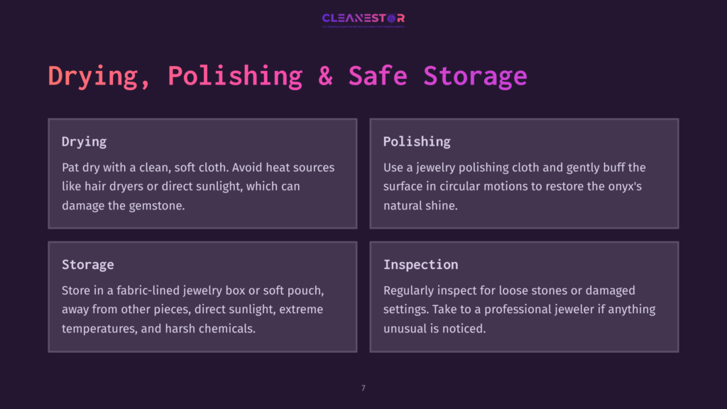 Diagram Outlining Jewelry Care: Drying, Polishing, Storage, And Inspection. Features Text Detailing Best Practices For Each Step, Including Avoiding Heat And Chemicals.