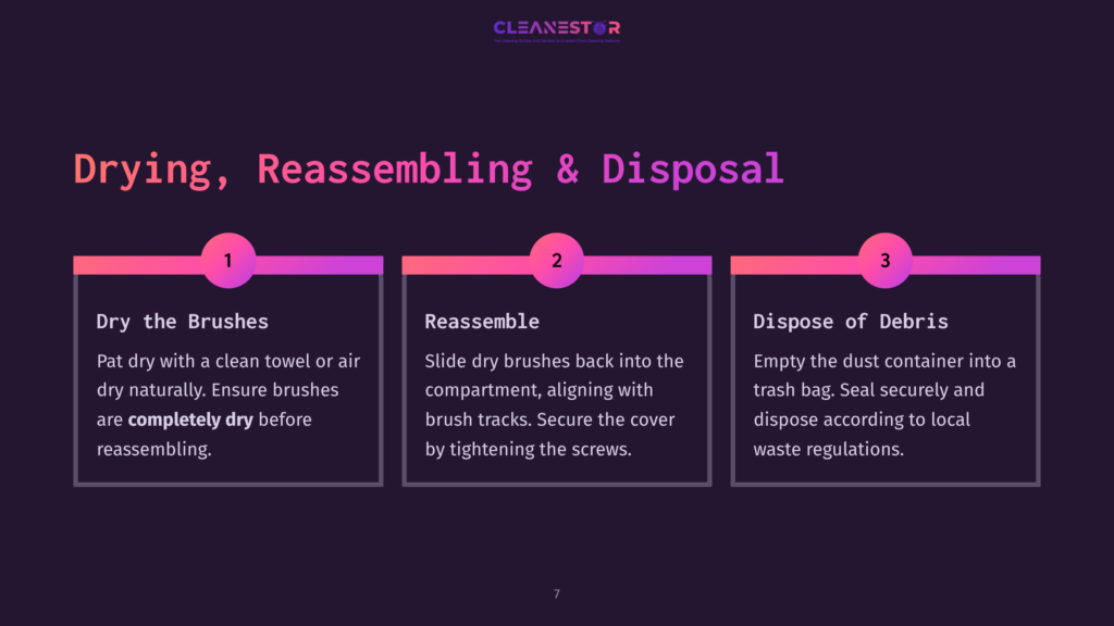 Three Steps For Cleaning A Vacuum Cleaner: Dry The Brushes, Reassemble The Vacuum, And Dispose Of Debris. The Steps Are Presented On A Dark Purple Background With Colorful Gradient Boxes.