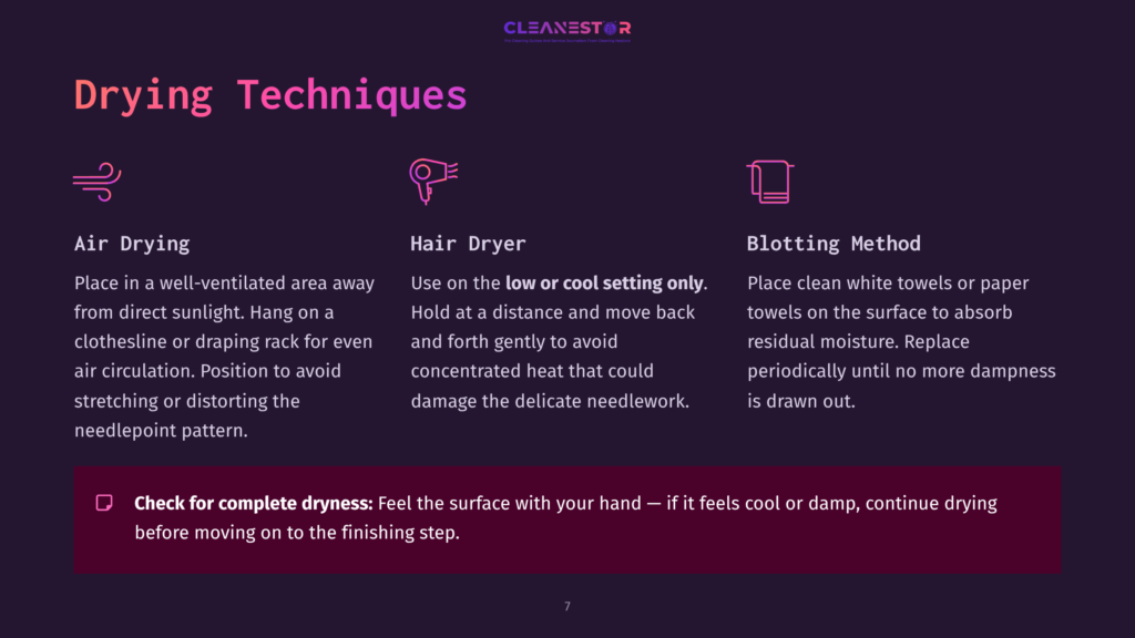 Three Cleaning Techniques For Needlepoint: Air Drying, Using A Hair Dryer On Low, And Blotting With White Towels To Remove Moisture.