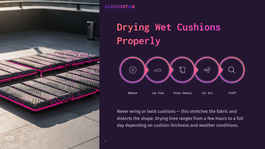 Four Outdoor Cushions With A Pink And Black Geometric Pattern Are Laid Out Flat On A Grey Concrete Surface, Ready For Drying. Text On The Right Side Reads &Quot;Cleanestor&Quot; And &Quot;Drying Wet Cushions Properly&Quot; With Icons Representing Drying Steps.