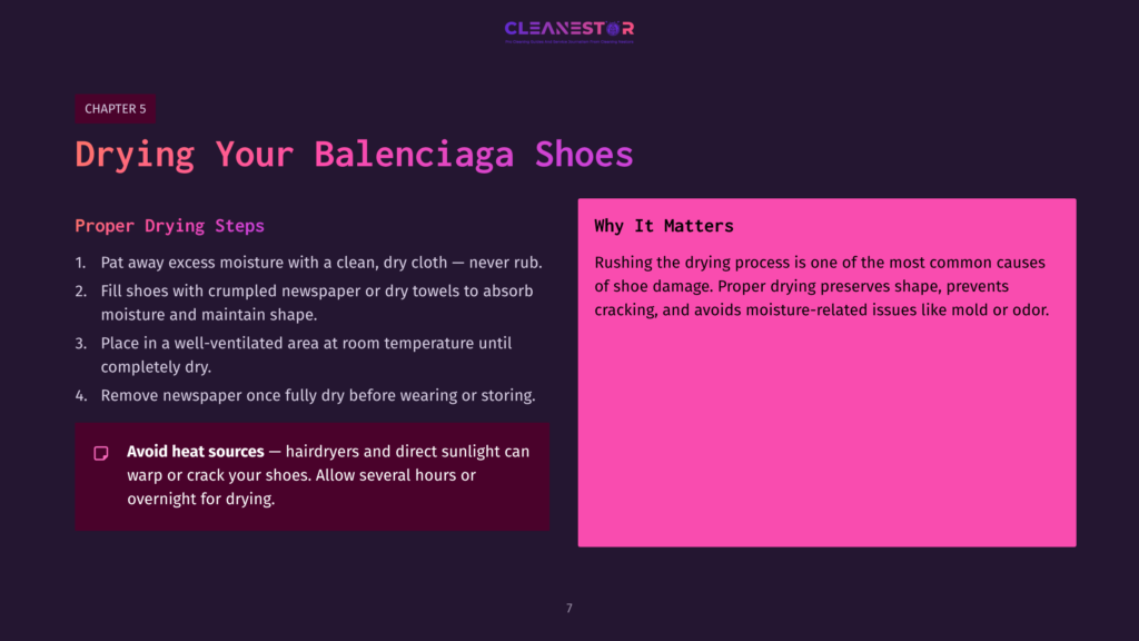 Instructions For Cleaning Shoes With A Pink Highlight Box, Featuring Two Sections: Proper Drying Tips And Reasons For Care, On A Dark Background.