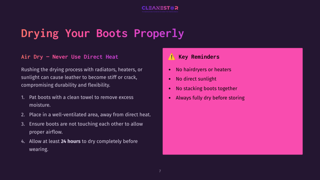 7 Drying Your Boots Properly Instructions On Drying Boots, Highlighting Air Drying Methods, Reminders For Care, And A Vivid Pink Box With Key Tips.