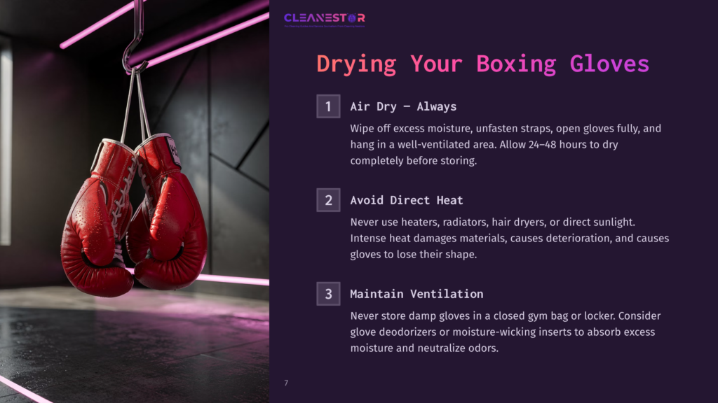 Red Boxing Gloves Hang From A Metal Rack Under Pink Neon Lights, With Text &Quot;Cleanestor Drying Your Boxing Gloves&Quot; Visible.