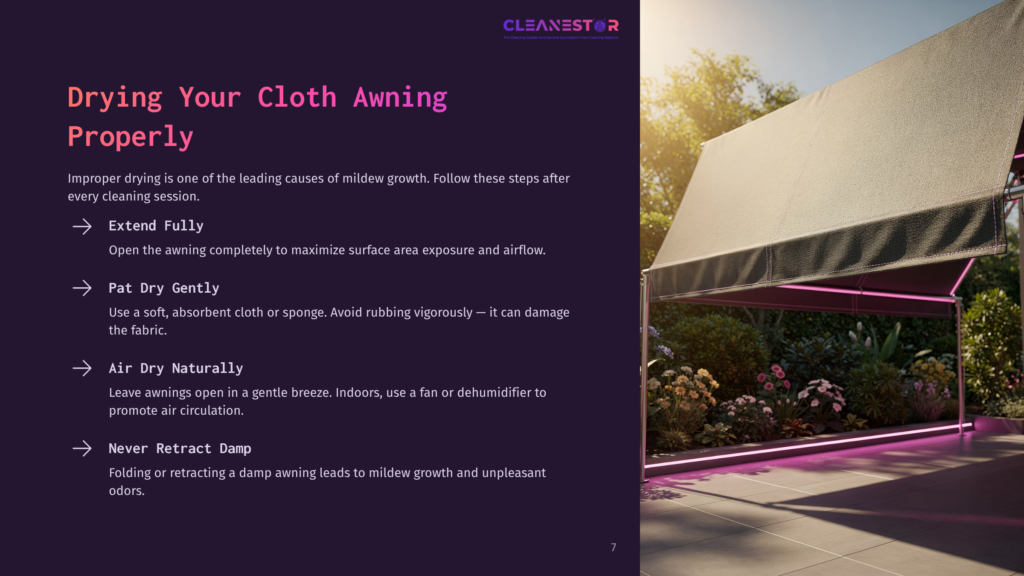 A Large Cloth Awning Is Fully Extended Outdoors, Showcasing Its Fabric Texture, With A Vibrant Purple Frame And A Gentle Breeze.