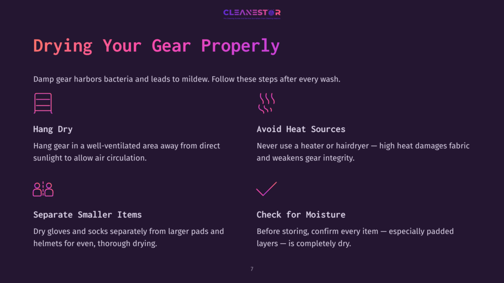 Infographic Detailing How To Properly Dry Gear After Sports, With Tips On Ventilation, Avoiding Heat, Separating Items, And Checking For Moisture. The Cleanestor Logo Is At The Top.