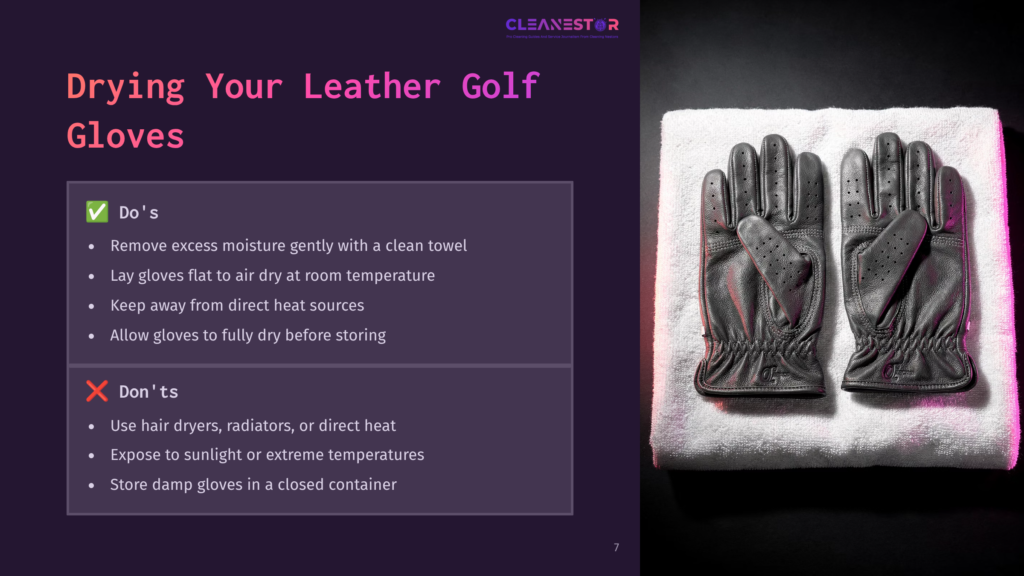 Pair Of Black Leather Golf Gloves With Perforations, Laid Flat On A White Terry Cloth Towel. The Gloves Are Positioned Side-By-Side, With The Right Glove Slightly Overlapping The Left. The Image Is Well-Lit, Highlighting The Texture Of The Leather And The Towel.