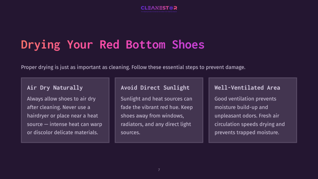 Text On A Dark Purple Background Outlining Shoe Care Guidelines, With Sections On Air Drying, Sunlight Avoidance, And Ventilation To Prevent Damage.