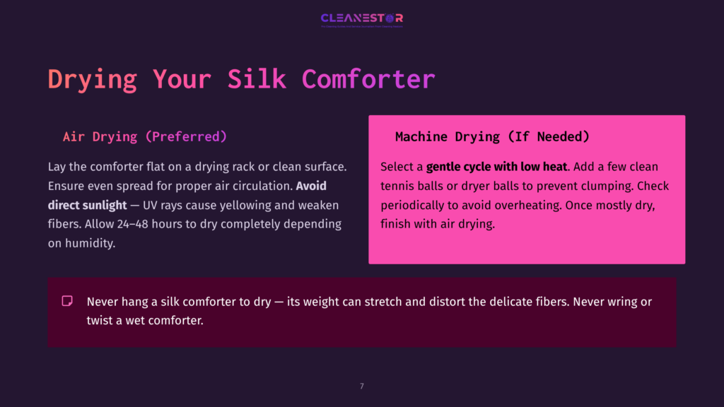 Instructions On Drying A Silk Comforter, Featuring A Purple Background, White Text, And A Checklist For Air And Machine Drying Methods.