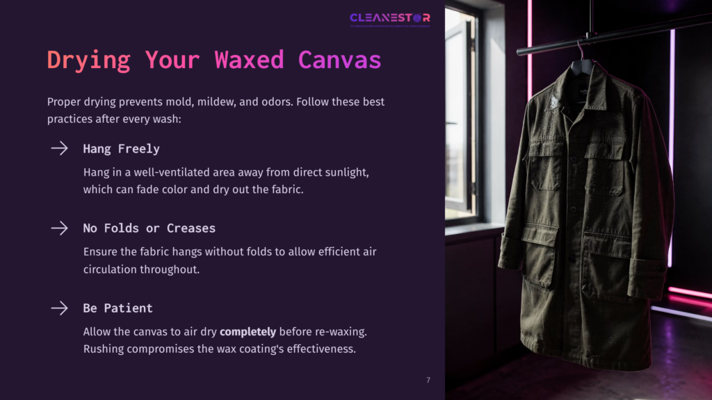 A Dark Green Waxed Canvas Jacket Hangs On A Rack In A Modern, Dimly Lit Room With Purple Neon Accents. The Text &Quot;Cleanestor&Quot; Is Visible At The Top.
