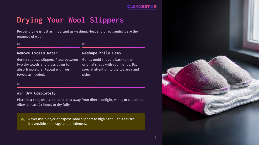 Close-Up Of Two Grey Wool Slippers Resting On A White Towel Next To A Window, With Instructions On How To Dry Wool Slippers.