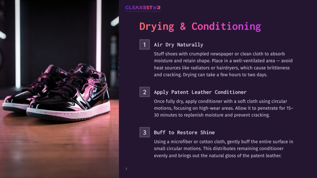 7 Drying And Conditioning Black Patent Leather Air Jordan 1 Sneakers Drying On A Wooden Surface, With Text Overlay Detailing Drying And Conditioning Steps: &Quot;Air Dry Naturally,&Quot; &Quot;Apply Patent Leather Conditioner,&Quot; And &Quot;Buff To Restore Shine.