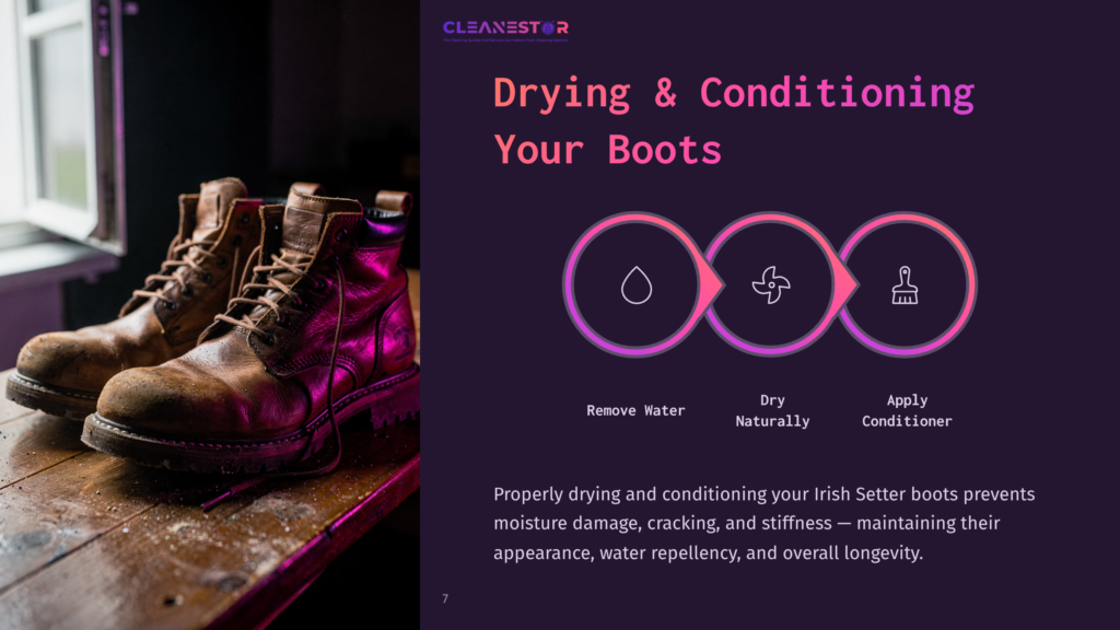 Brown Leather Irish Setter Boots Sit On A Wooden Surface, With A Window In The Background, Alongside Icons For Cleaning Steps.