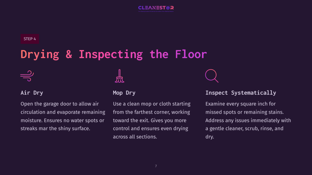 Instructions For Drying And Inspecting An Epoxy Floor, Featuring Sections On Air Drying, Mopping, And Inspecting For Stains, With Vibrant Colors.