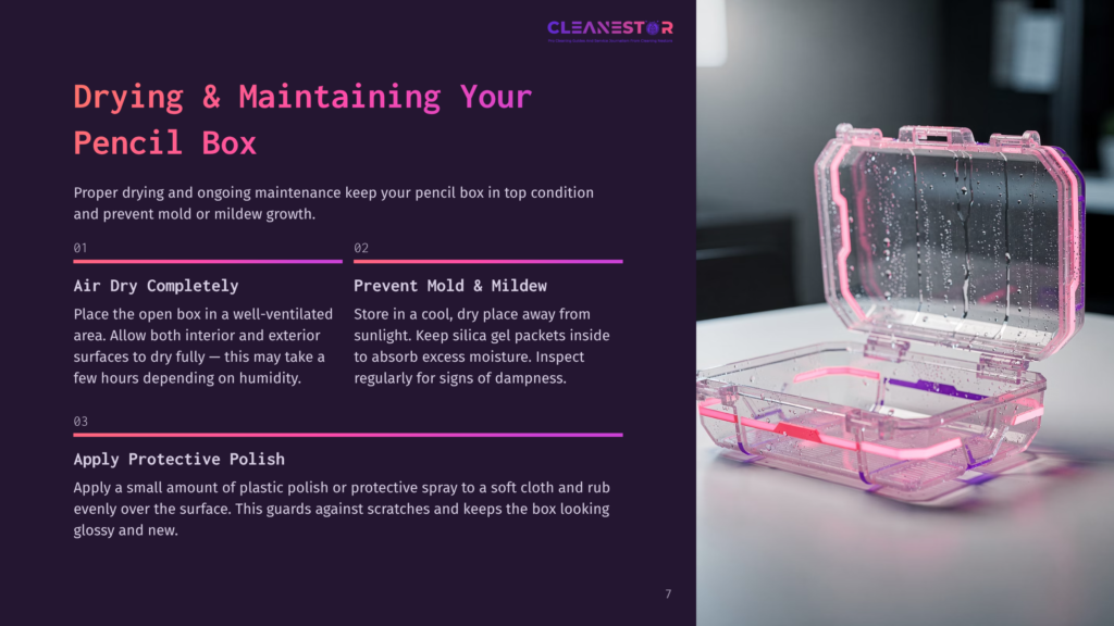 Transparent Plastic Pencil Box Displayed On A Purple Background, With Three Numbered Cleaning Tips In White Text Alongside.