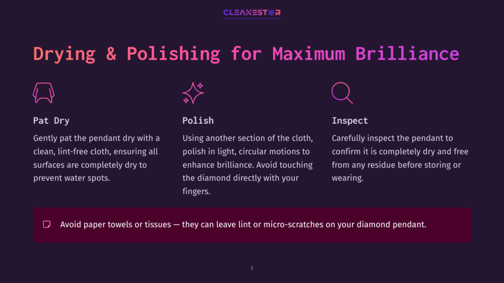 Instructions On Cleaning A Diamond Pendant, Featuring Bold Text In Pink And White On A Dark Background, With Icons For Each Step.