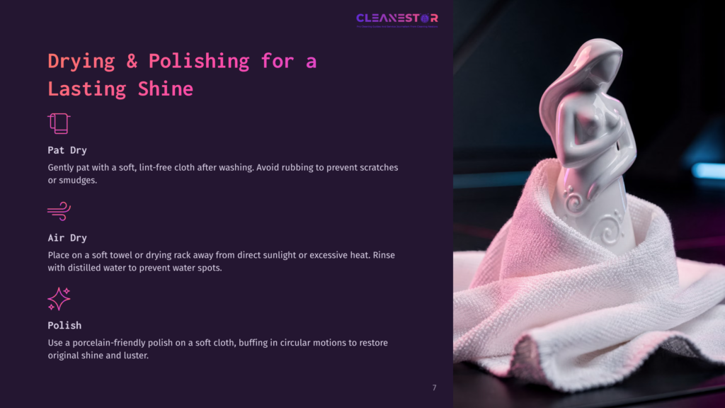 7 Drying And Polishing For A Lasting Shine A White Porcelain Statue Of A Woman With A Towel Draped Over Her Arm, Next To A White Towel, With The Text &Quot;Drying &Amp; Polishing For A Lasting Shine&Quot; And Icons For Pat Dry, Air Dry, And Polish.