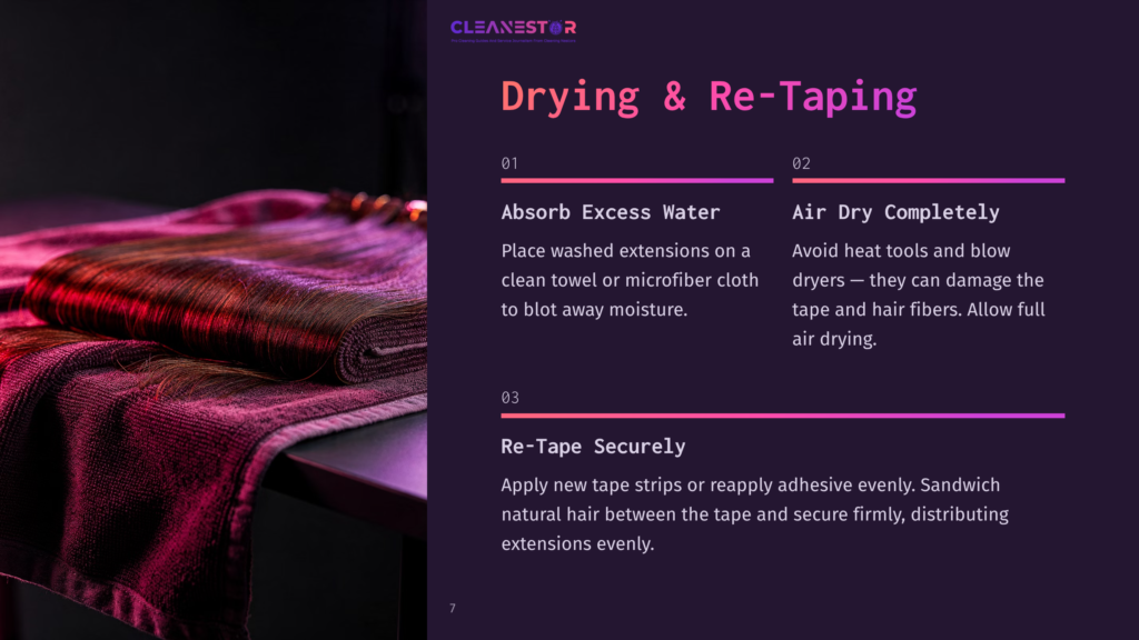 7 Drying And Re Taping Close-Up Of Dark, Wavy Hair Extensions Neatly Rolled On A Purple Towel, With A Blurred Background Suggesting A Salon Or Home Setting. Text Overlays Provide Instructions On &Quot;Drying &Amp; Re-Taping&Quot; Hair Extensions.