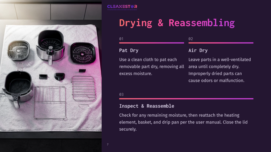 Air Fryer Parts, Including The Basket, Racks, And Heating Element, Are Laid Out On A White Towel, Ready For Drying And Reassembling. The Text &Quot;Drying &Amp; Reassembling&Quot; Is Visible.
